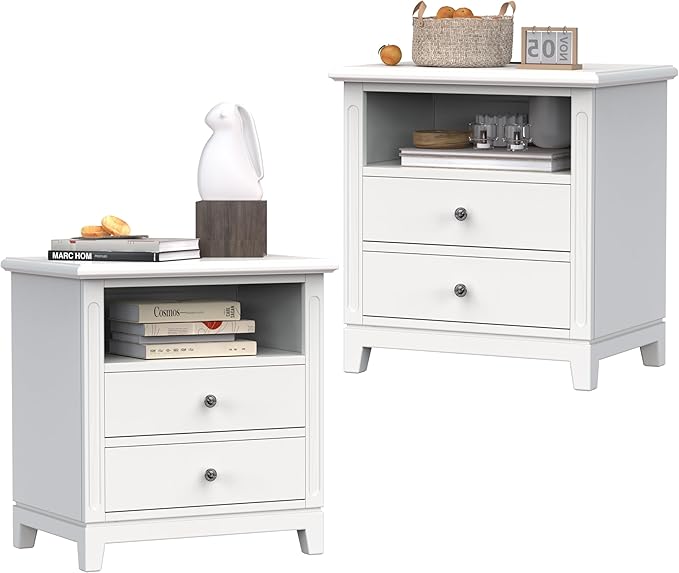 24" Wide Farmhouse Nightstand with Charging Station, Solid Wood End Table with 2 Large Drawers & Open Shelf, Bedside Table with USB Ports and Outlets, Side End Table for Bedroom