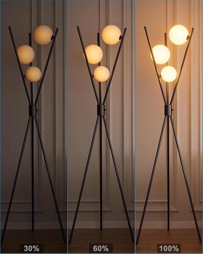 Lightdot 60IN Dimmable Black Tripod Floor Lamp, Mid Century Standing Lamps with 3 Globe Soft Warm White Eye Care 3000K Bulbs Included, Modern Tall Lamp for Living Room/Bedroom/Sofa Beside/Corner Decor