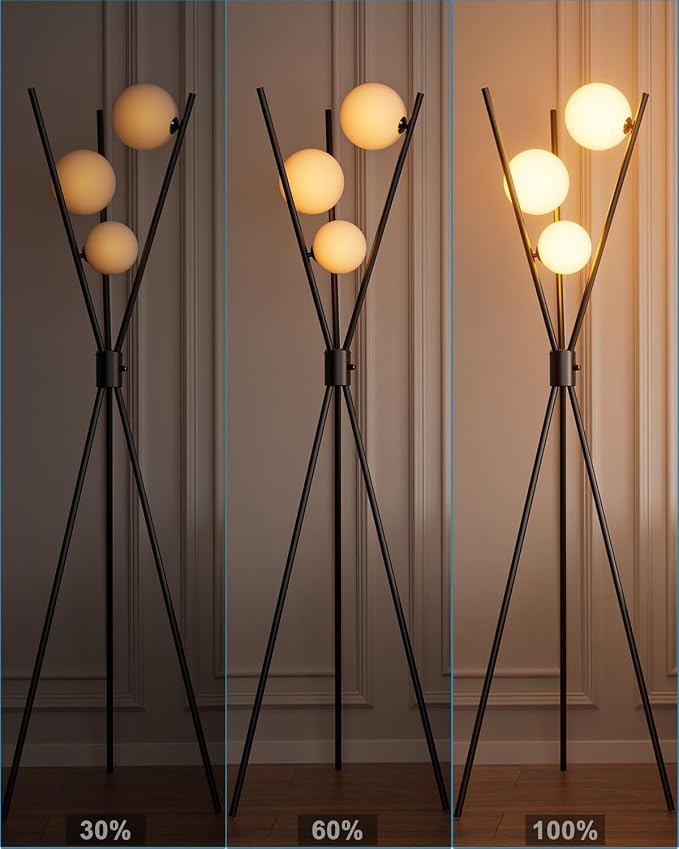 3 Globe Dimmable Tripod Floor Lamp, Mid Century Standing Lamps with 3Pcs 3000K Bulbs Included, Modern Tall Lamp for Living Room Bedroom Office-Black