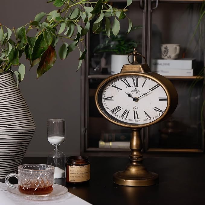 NIKKY HOME Antique Mantel Clock, Gold Retro Desk Clock Silent-Non-Ticking Battery Operated Decorative Desk Table Clock for Home, Office, Living Room, Bed Room