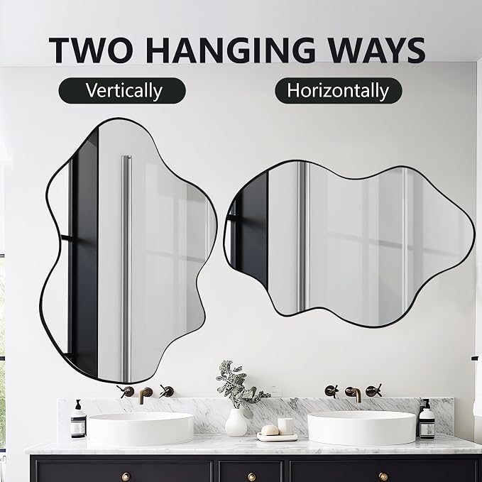 Tanmicoshomy Black Bathroom Mirror 24x36 Inch, Asymmetrical Framed Wall Mirrors with Tempered Glass for Bathroom, Bedroom or Living Room, Vertical or Horizontal Hanging