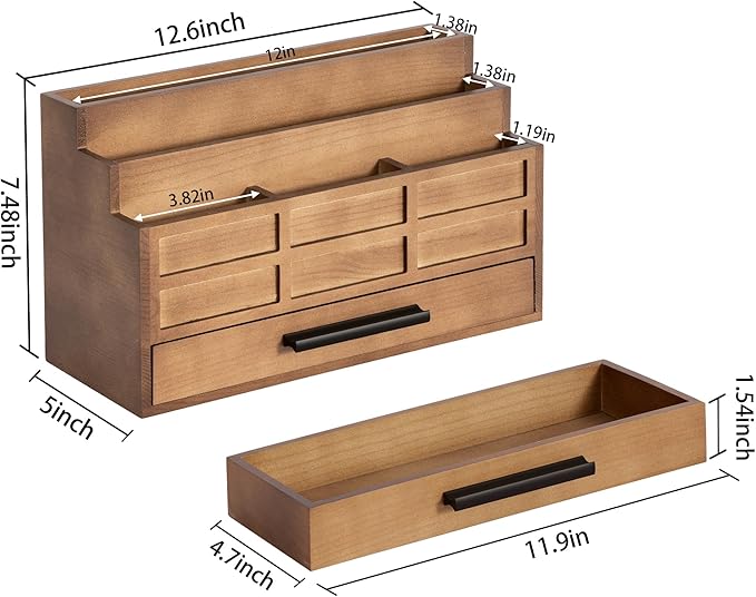 dreampossible Brown Wood Desk Organizer and Accessories with Drawer, Bill Mail Organizer and File Mail Holder for Office Supplies, Rustic Desk Accessories & Workspace Organizers