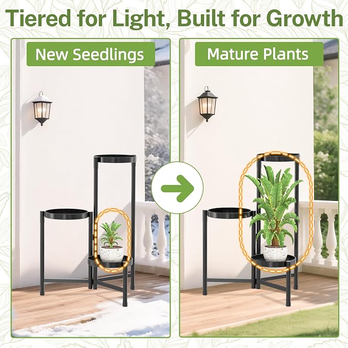 iDavosic.ly Plant Stand Indoor Outdoor, 3 Tier Corner Metal Flower Display Holder Shelf, Folding Tall Orchid Rack for Patio Balcony Porch Garden Living Room House, Black