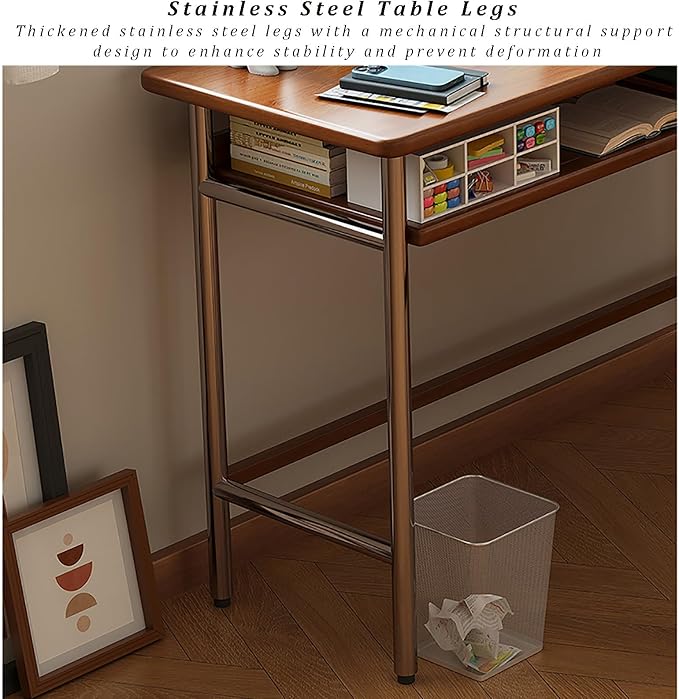 Mid-Century Modern Solid Wood Writing Desk Stylish Home Office Computer Table with Storage Shelf & Stainless Steel Legs Perfect for Small Spaces & Bedrooms