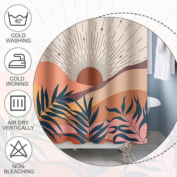Baocicoo Boho Abstract Sun Shower Curtain - Mid Century Sunrise Mountain Design, Minimalist Aesthetic, Waterproof with Hooks, 60x72 Inches