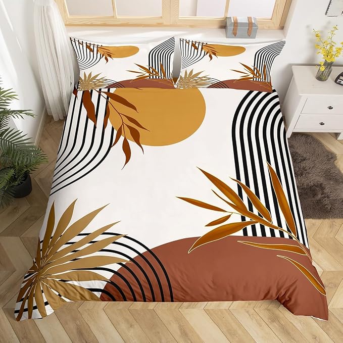 Erosebridal Mid Century Boho Comforter Cover King for Kids Teens Adults,Abstract Modern Sun Duvet Cover,Minimalist Golden Leaves Bedding Set,Geometric Aesthetic Bed Set 3 Pcs Bedroom Decor