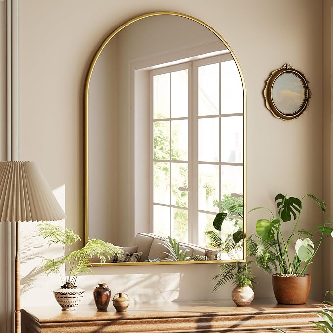 HARRITPURE Arched Bathroom Mirror - 30"x48" Gold Large Wall Mounted Vanity Mirror Aluminum Alloy Frame Arch Wall Mirror for Living Room, Bedroom, Entryway
