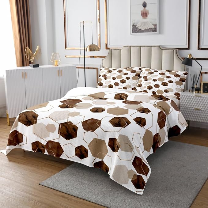 Erosebridal Brown Geometric Quilt Set | Royal Blue Modern Abstract Kids Coverlet Set Geometric Marble Art Bedspread Sets Twin | Watercolor Hexagon Print Bedding Sets for Men Women