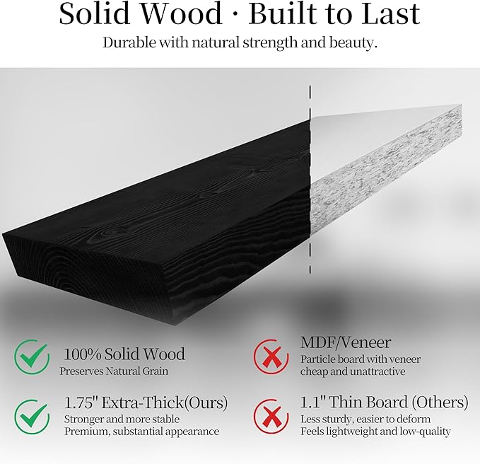 BGMG Wood Floating Shelves for Wall 60 inch Set of 2,Black Floating Shelves,Solid Wood Wall Mount Shelves for Bathroom Living Room Bedroom Kitchen Farmhouse -60x6.7x1.75 inch