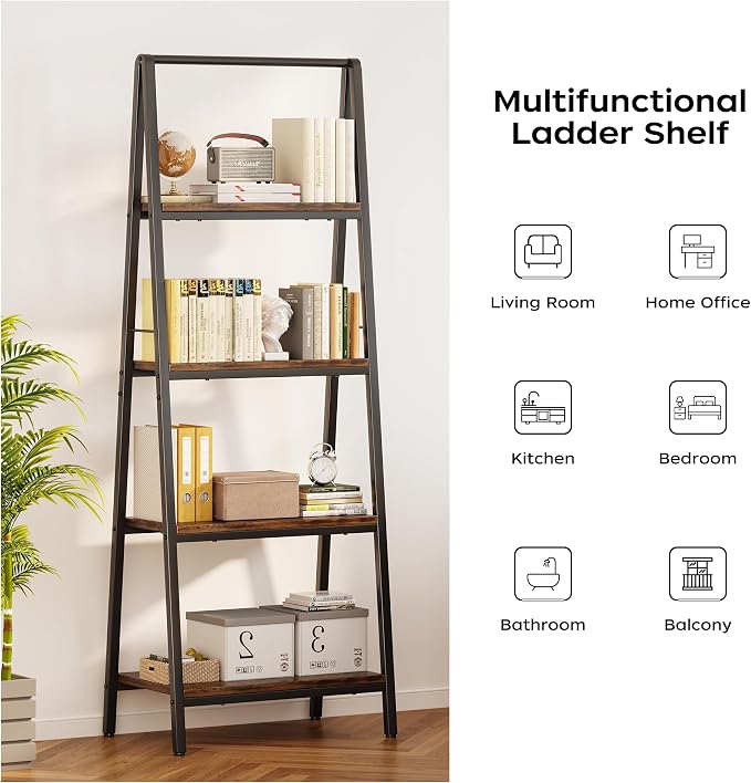 Homeiju Ladder Shelf, 4-Tier Leaning Ladder Bookshelf, Rustic and Wood Ladder Shelf Bookcase, Industrial Ladder Shelf Storage Rack for Home Office, Bedroom, Bathroom or Kitchen
