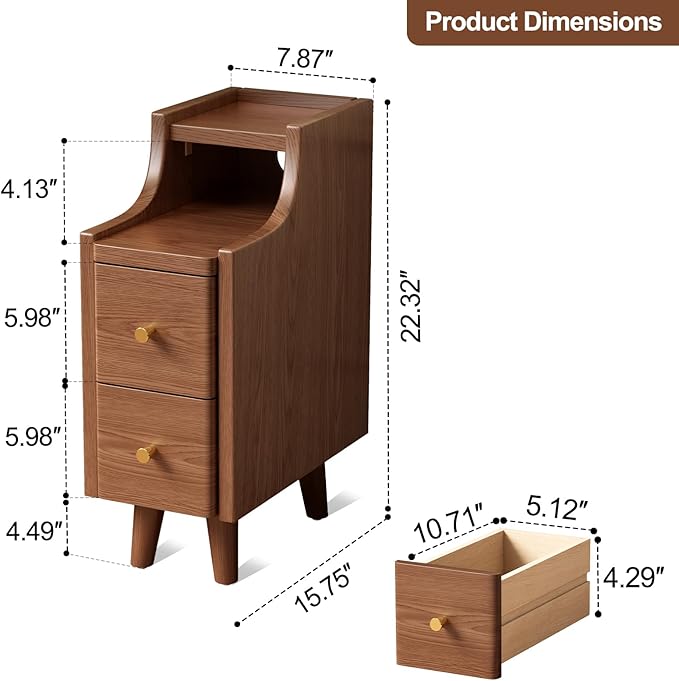 Narrow Nightstand with 2 Drawers,Walnut Nightstand,Bedside Table,Solid Wood Modern Bedside Table for Bedroom,Study,Toilet