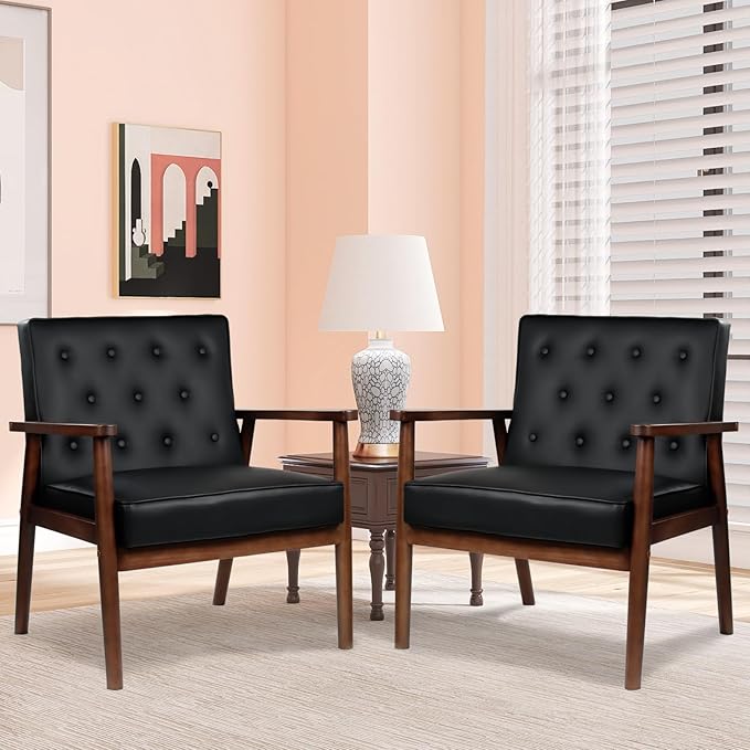 JIASTING Mid-Century Retro Modern Solid Wood Armrest Black Accent Chairs Set of 2, Faux Leather Arm Chairs for Living Room, Waiting Room Chairs (2, Black)