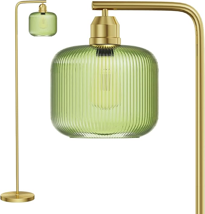 Glass Floor Lamp for Living Room, Modern Standing Lamp with Green Ribbed Glass Lampshade and Pedal Switch, 66” Tall Lamp & Gold Floor Lamp for Bedroom Study Room,Brushed Gold(3000K LED Bulb Included)