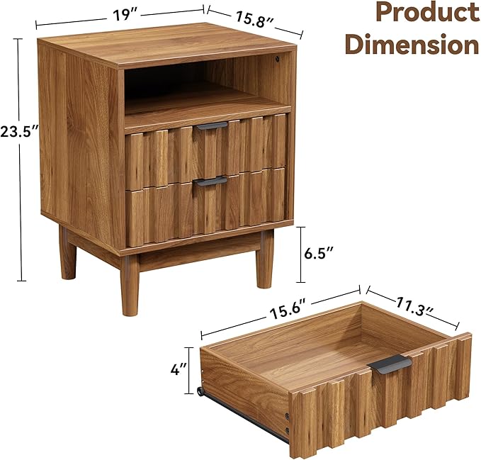 Fluted Nightstand Set of 2 with 2 Drawers, 19" Wide Night Stand with Solid Wood Legs, Open Storage Shelf, Mid Century Modern Wooden Bedside Table for Bedroom, Bed End Side Table, Walnut