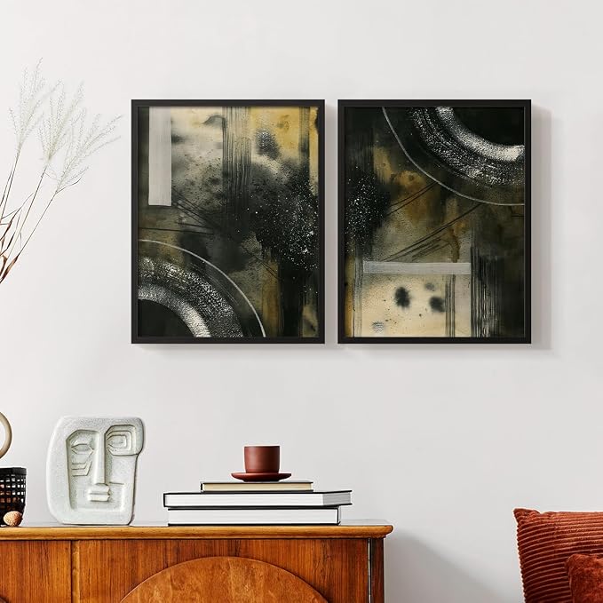 Renditions Gallery Set of 2 Peel & Stick Framed Prints, Moody Abstract Wall Art, Circular and Splattered Effects Wall Decor, Re-Stickable - Ready to Hang - 16"x20" - Black Frame LT588