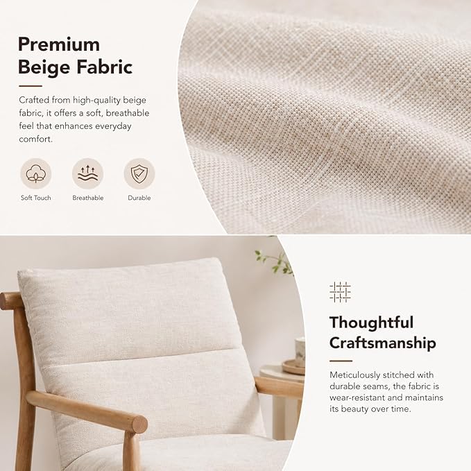 Linen Accent Chair Mid Century Modern Living Room Chairs Comfy Arm Chair with Solid Wood Frame Upholstered Lounge Reading Chair Cozy Recliner for Bedroom/Guest Room, Beige