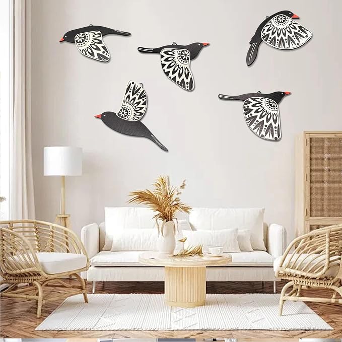 EMINGSKY 5 Pcs Wooden Bird Wall Art Wood Flying Birds Wall Decor Boho Rustic Folk Art Home Decor for Gift Living Room Bedroom Kitchen Office(Black)