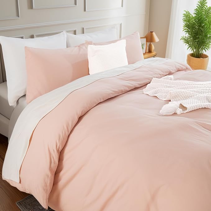 NEXHOME PRO 100% Washed Cotton Duvet Cover King Size, Linen Feel Textured Organic Natural Duvet Cover Set 3 Pieces Bedding with Zipper Closure, Breathable, Dusty Pink(No Comforter)