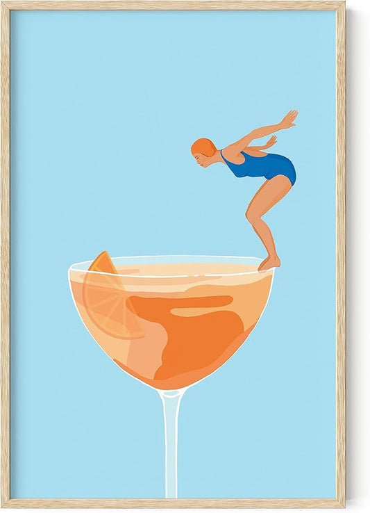HAUS AND HUES Preppy Bar Wall Decor - Blue and Orange Bar Cart Decor, Colorful Bar Wall Art Print, Vintage Cocktail Poster, Alcohol Art Decorations, Aperol Spritz (Beige Frame, 24x36)