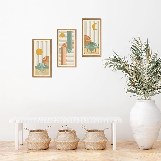 IARTTOP 3 Pcs Boho Abstract Wood Wall Art Modern Geometric Artwork Bohemian Sun and Moon Wood Wall Decor Minimalist Line Hanging Decor for Living Room Bedroom Apartment 7.9 x15.8 Inch