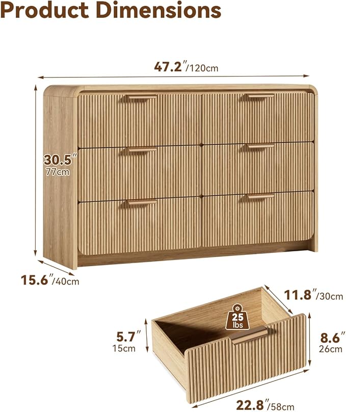 Fluted 6 Drawer Dresser, 47” Wide Wooden Storage Chest with Rounded Curved Corners and Gold Handles, Natural Oak Wood Dresser for Bedroom, Living Room, Hallway