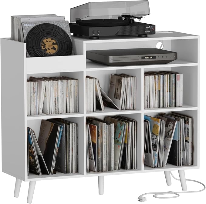 Cozy Castle Large Record Player Stand with Vinyl Storage Cabinet, Wood Turntable Table Open Shelf Holder Up to 500 Albums Cube Storage Organizer for Living Room, Office, White