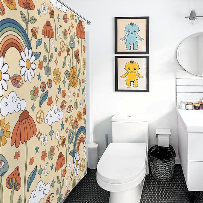 70s Mushroom Shower Curtain, Retro Groovy Hippie Funky Boho Rustic Cute Vintage Colorful Botanical Plants Pattern Orange Waterproof Fabric Bathroom Shower Curtain Set with Hooks, 72"x72" Inch