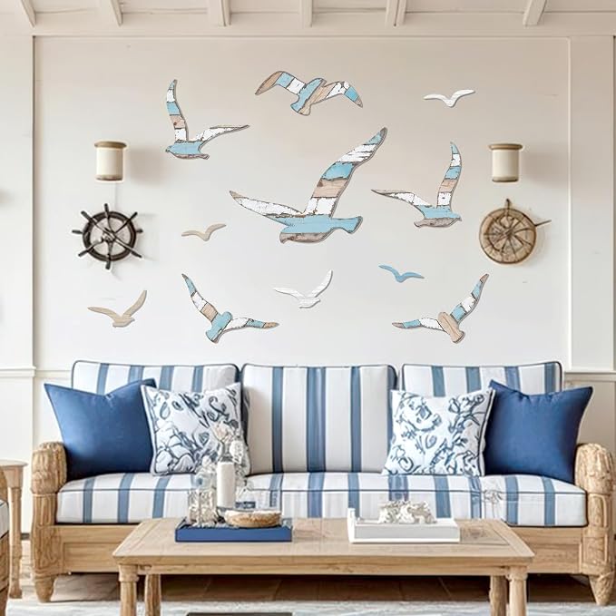 Zzbakress 11 Pcs Wooden Seagull Wall Decor Nautical Coastal Beach Wall Art Vintage Ornaments Unique Sea Birds Wall Sculpture for Home Bathroom Living Room Bedroom (Vintage)