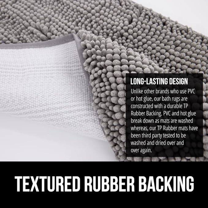 GORILLA GRIP Bath Rug Mat 36x24, Thick Soft Absorbent Chenille, Quick Dry Microfiber Mats, Rubber Backing Washable Shower Floor Rugs, Bathmat Runner, US Designed Bathroom Home Decor Accessories Grey