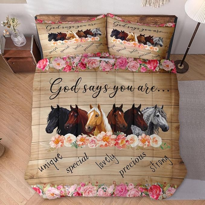 WeCozy Queen Size Comforter Set with 2 Pillowcases, Colorful Horses Animal Pink Flower 3 Pcs Bedding for Kids and Adults, Inspirational Thoughts Soft Comforter Set for Bedroom Bed Decor