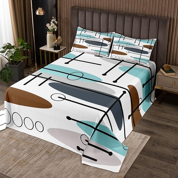 Erosebridal Mid Century Coverlet Twin Size Modern Minimalist Bedding Set, Hippie Old Fashion Bedspread Set Abstract Artwork Quilt Set, Aesthetic Lines Circles Bed Set Teal White Grey