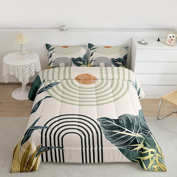 Erosebridal Mid Century Modern Toddler Comforter Set Boho Tropical Leaves Palm Leaf Bedding Set Retro Geometric Line Art Comforter for Kids Boys Girls Abstract Sun Aesthetic Arch Curve Quilt Duvet