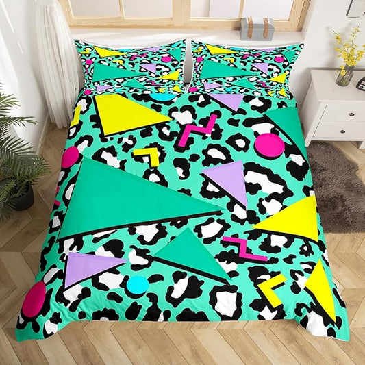 Cheetah Skin Comforter Cover African Safari Animal Hide Bedding Set for Teens Mens Boys Retro 80s 90s Memphis Duvet Cover Circular Triangle Geometric Quilt Cover Urban Art Bedroom Decor King Size