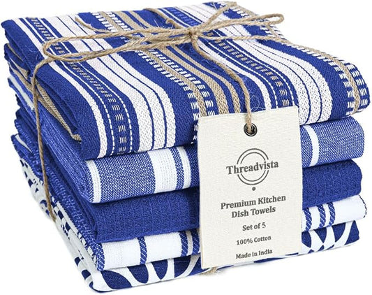 Assorted Kitchen Towels Large 16x26 Inch 100% Cotton Set of 5 - Dish Cloths Towels with Hanging Loop - Soft Absorbent Washable Tea Towels for Kitchen - Quick Drying Dish Towels Navy Blue