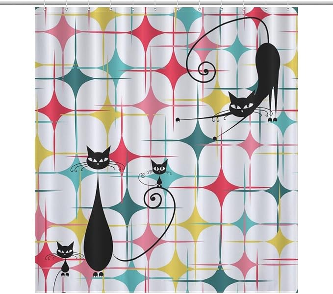 Mid Century Black Cat Shower Curtain,Retro Atomic Stars Abstract Iconic 60s Vintage Geometric Fabric Bathroom Decor Curtain with Hooks 66x72in（168x183cm）