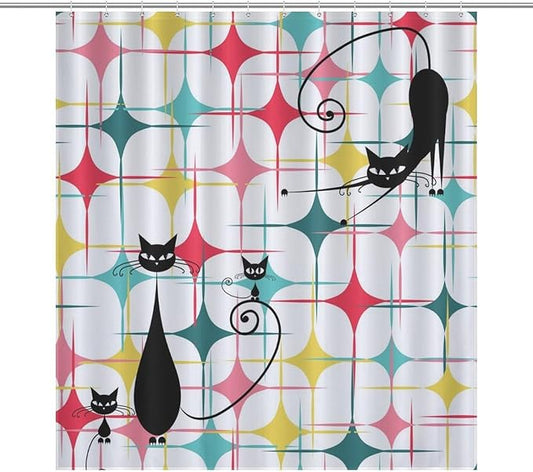 Mid Century Black Cat Shower Curtain,Retro Atomic Stars Abstract Iconic 60s Vintage Geometric Fabric Bathroom Decor Curtain with Hooks 66x72in（168x183cm）