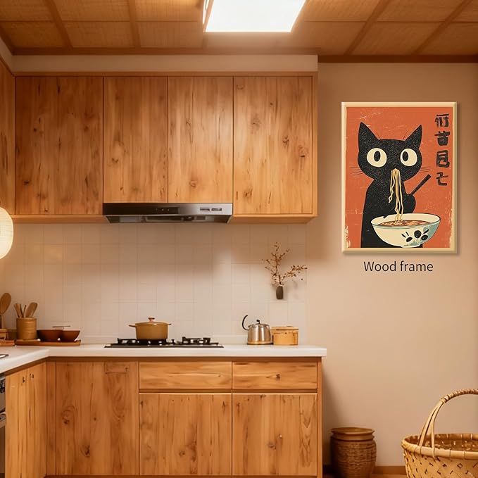 Funny Black Cat Eat Ramen Noodles Poster Vintage Japanese Kitchen Food Wall Art 24X36 inch Framed Whimsical Cute Animal Canvas Prints for Restaurant Wall Decor