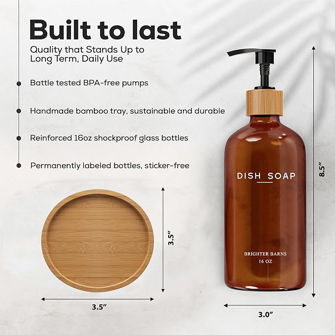 Amber Glass Dish Soap Dispenser for Kitchen Sink by Brighter Barns - Kitchen Soap Dispenser Set with Tray - Glass Bottle with Pump for Liquid - Boho Home Decor and Accessories for Restaurant (Amber)