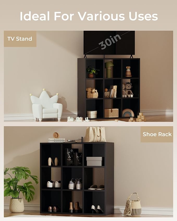 GTPLAYER 9-Cube Storage Organizer, Fits 11" Bins, Vertical or Horizontal Use, Opening Bookshelf, Partial Back Panels, Stackable Design Bookcase, for Living Room, Media Console, Hallway, Black
