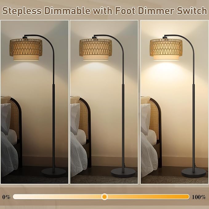 Rattan Floor Lamp, Dimmable Boho Floor Lamp, Farmhouse Arc Standing Lamp with Adjustable Rattan & Fabric Shades, Modern Lamp Tall Lamp for Living Room Bedroom Office Reading Room, Bulb Included