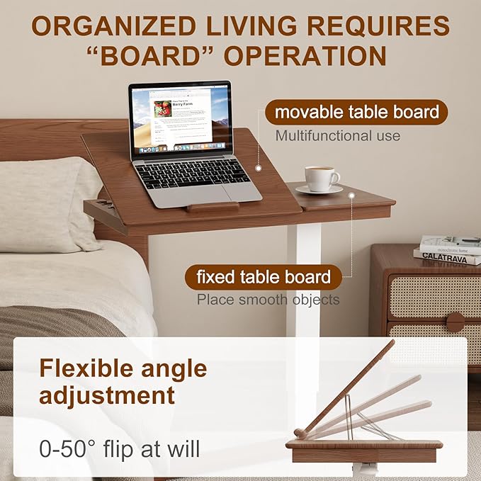 Solid Wood Overbed Bedside Table with Wheels, Adjustable Medical Tilt Top Hospital Bed Table Over The Bed, Rolling Laptop Desk, Mobile Standing Desk for Hospital and Home Use (Walnut)