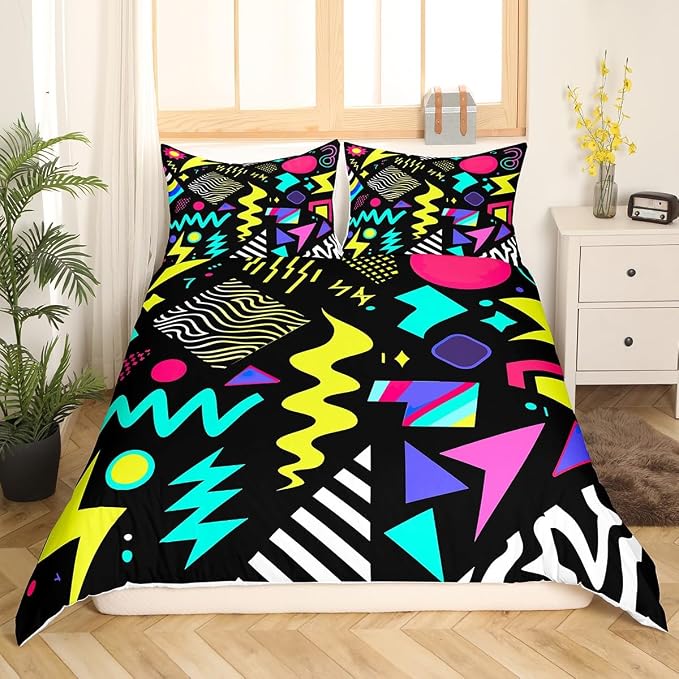 80s Bedding Set Memphis Pattern Old Fashion Comforter Cover,Vintage 90s Memphis Style Duvet Cover Abstract Geometric Pattern Retro Bed Set Full,Rainbow Urban Modern Circles Triangle Room Decor