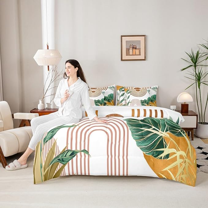 Erosebridal Mid Century Boho Bed in A Bag 7 Pcs Simple Retro Tropical Palm Leaf Comforter Set for Kids Girls Orange Pink Sun Arch Minimalist Bedding Sets Full Abstract Line Sheet Set with Comforter