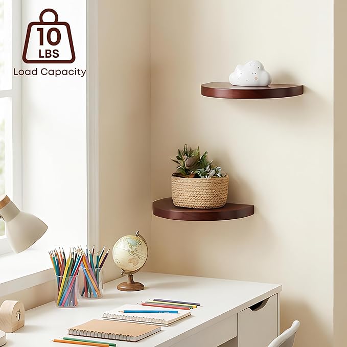 Small Wood Floating Shelves (2-Pack, 8-inch Diameter) - Round Sturdy Invisible Wall Mount Display for Small Plants,Toys,Bathroom,Living Room Storage & Modern Rustic Décor (Dark Walnut)