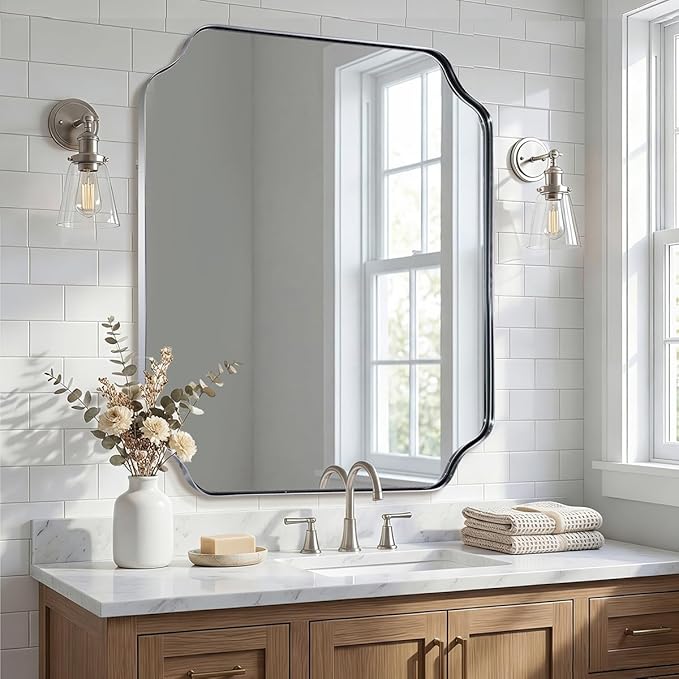 ANDY STAR 36x40 Inch Chrome Bathroom Mirror, Large Scalloped Mirror for Wall, Modern Polished Nickel Mirror in Anti-Rust Stainless Steel Meral Thin Frame, Ideal for Bathroom Remodel