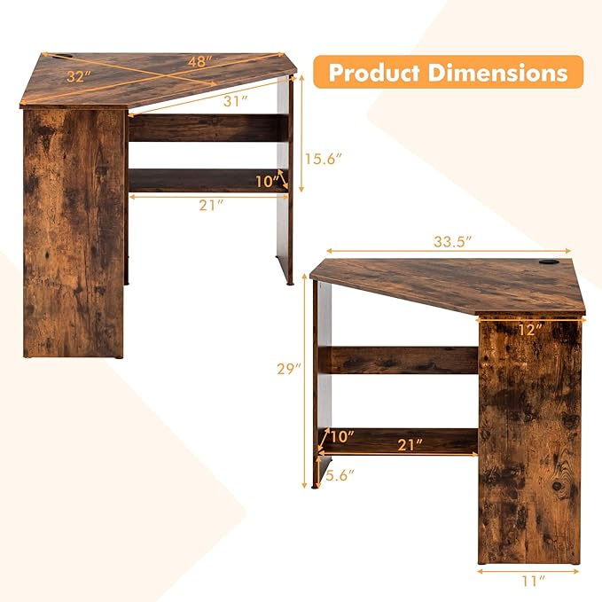 LDAILY Corner Desk, Space Saving 90 Degree Triangle Computer Desk with Storage Shelves & Cable Holes, Wood Compact Corner Writing Table for Small Spaces, Home Office, Bedroom & Living Room, Coffee