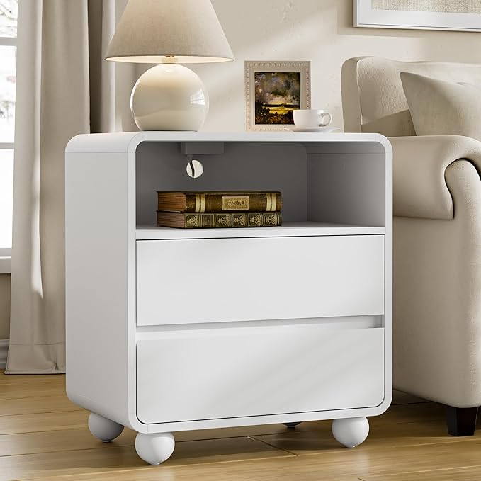 Lulive Wood Night Stand with Drawers, Modern Bedside End Table with Charging Station, Curved Profile Design Storage Nightstand for Bedroom, White