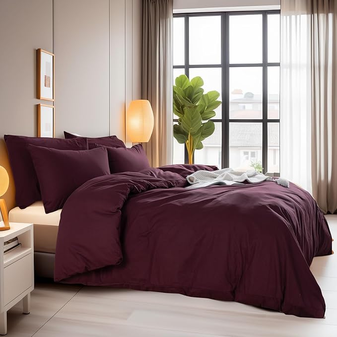 NEXHOME PRO Duvet Cover Set 100% Washed Cotton Oversized Queen 98"x98", Organic Natural Linen Look Textured 3 Pieces Bedding Set Burgundy Dark Red with Zipper Closure, Breathable (No Comforter)