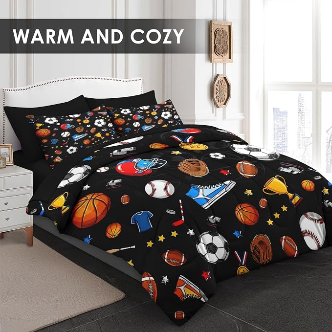 Pamnest Comforter Set King Size, Basketball Football Baseball 7 Pcs Bedding for Kids and Adults, Hockey Sport Bed Sheet Sets with Fitted Sheet 2 Pillowcases & 2 Shams for Bedroom Bed Decor