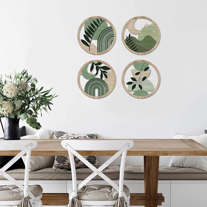 TOARTi 4PCS Green Botanical Wooden Wall Art Bohemian Hanging Art Farmhouse Geometric Wooden Wall Decor Aesthetic Plants Artwork Boho Minimalist Wall Decor for Bedroom Living Room